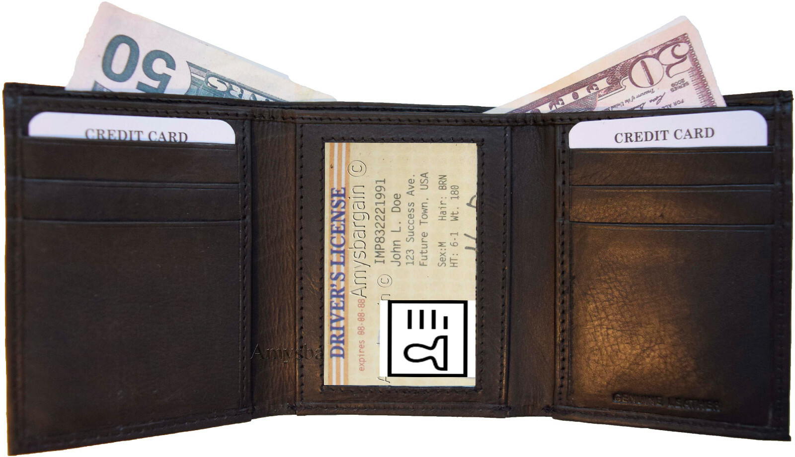 Lot of 4 New Men's Brown leather Tri-fold wallet 1 ID 6 card 2 bill slots - Image 7