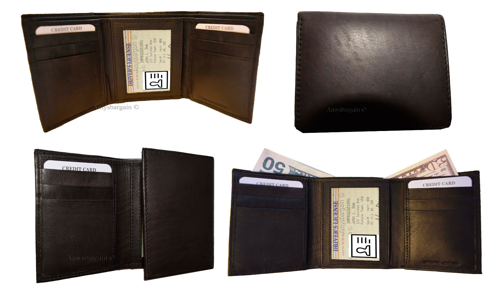 Lot of 4 New Men's Brown leather Tri-fold wallet 1 ID 6 card 2 bill slots