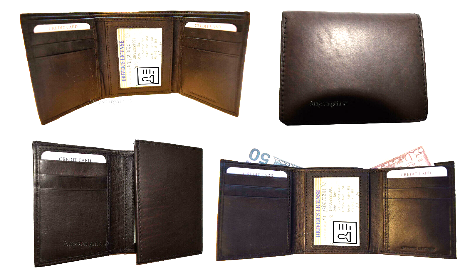 Lot of 4 New Men's Brown leather Trifold wallet 1 ID 6 card 2 bill slots new