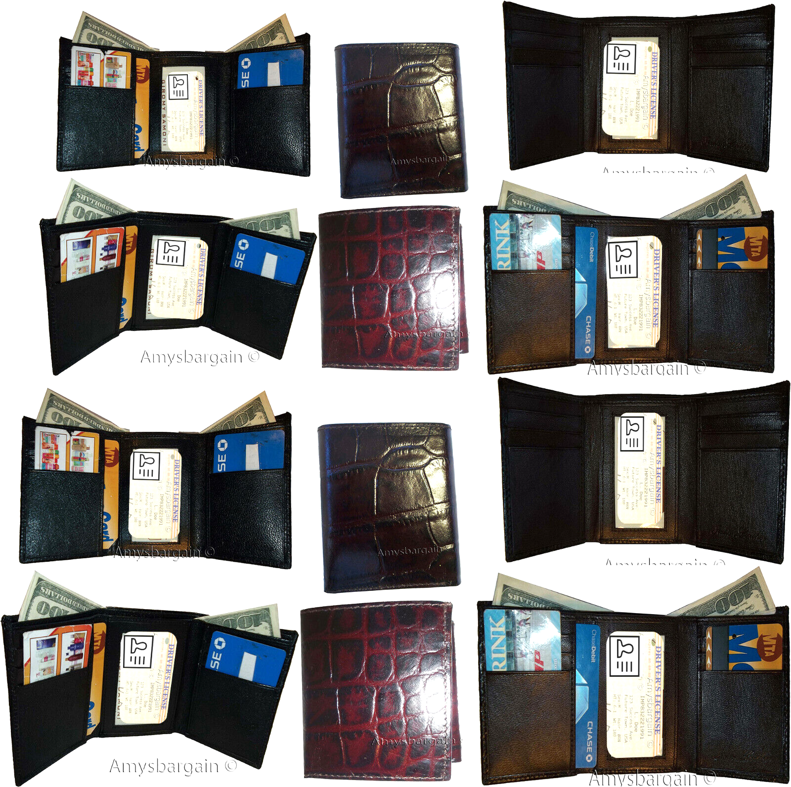 Lot of 6 Crocodile skin Printed Leather Man's Brown Trifold wallet ID window - Image 10