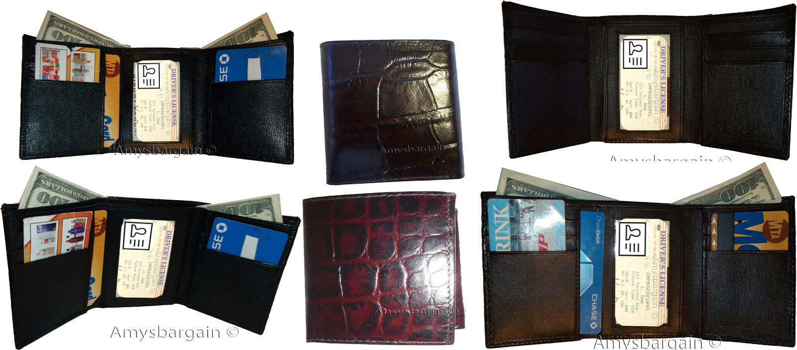 Lot of 6 Crocodile skin Printed Leather Man's Brown Trifold wallet ID window