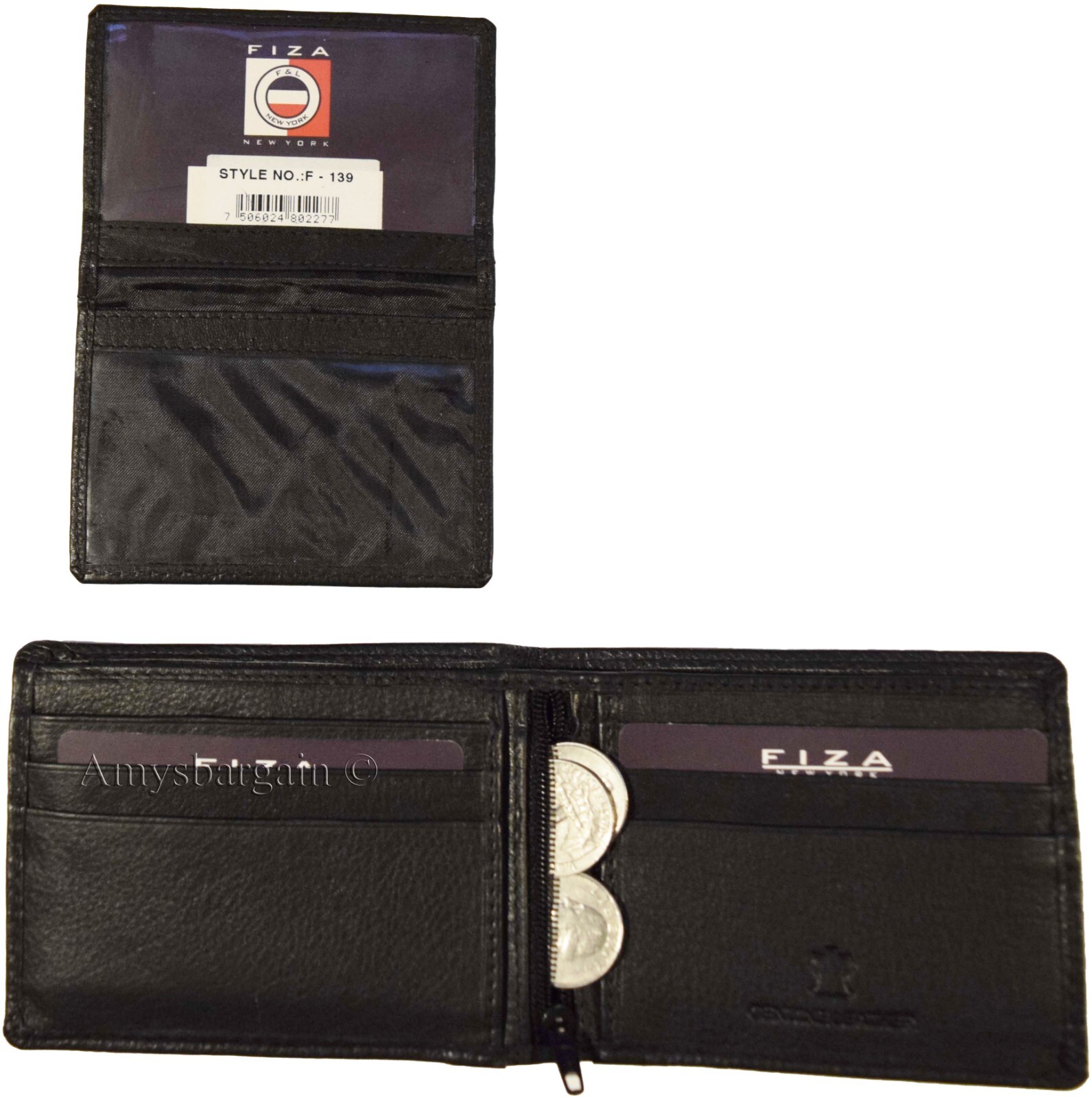New FIZA NY Leather men's Bifold wallet Black 2 bill slots 2 ID zip coin case - Image 13