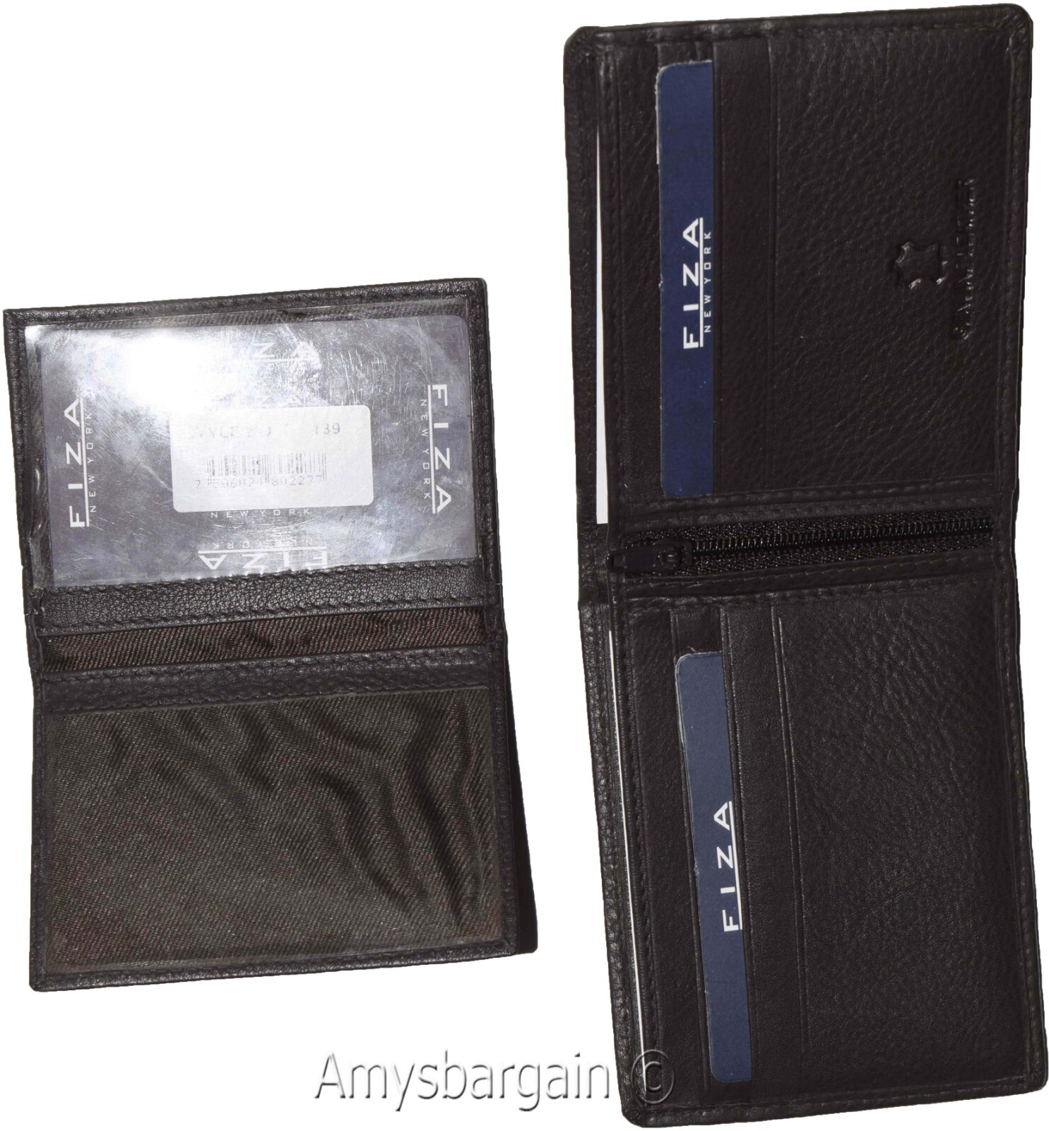 New FIZA NY Leather men's Bifold wallet Black 2 bill slots 2 ID zip coin case - Image 14