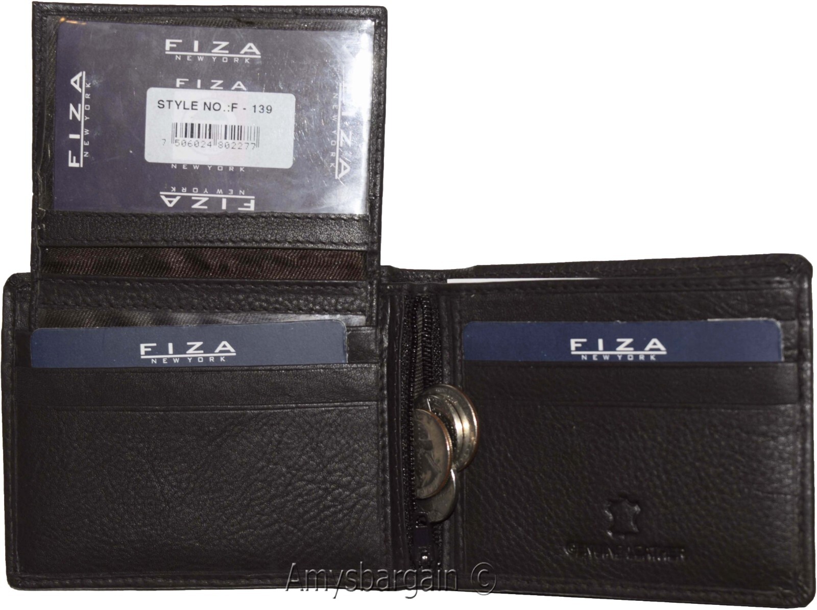 New FIZA NY Leather men's Bifold wallet Black 2 bill slots 2 ID zip coin case - Image 3
