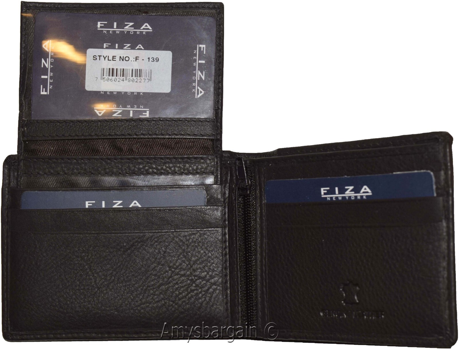 New FIZA NY Leather men's Bifold wallet Black 2 bill slots 2 ID zip coin case - Image 5