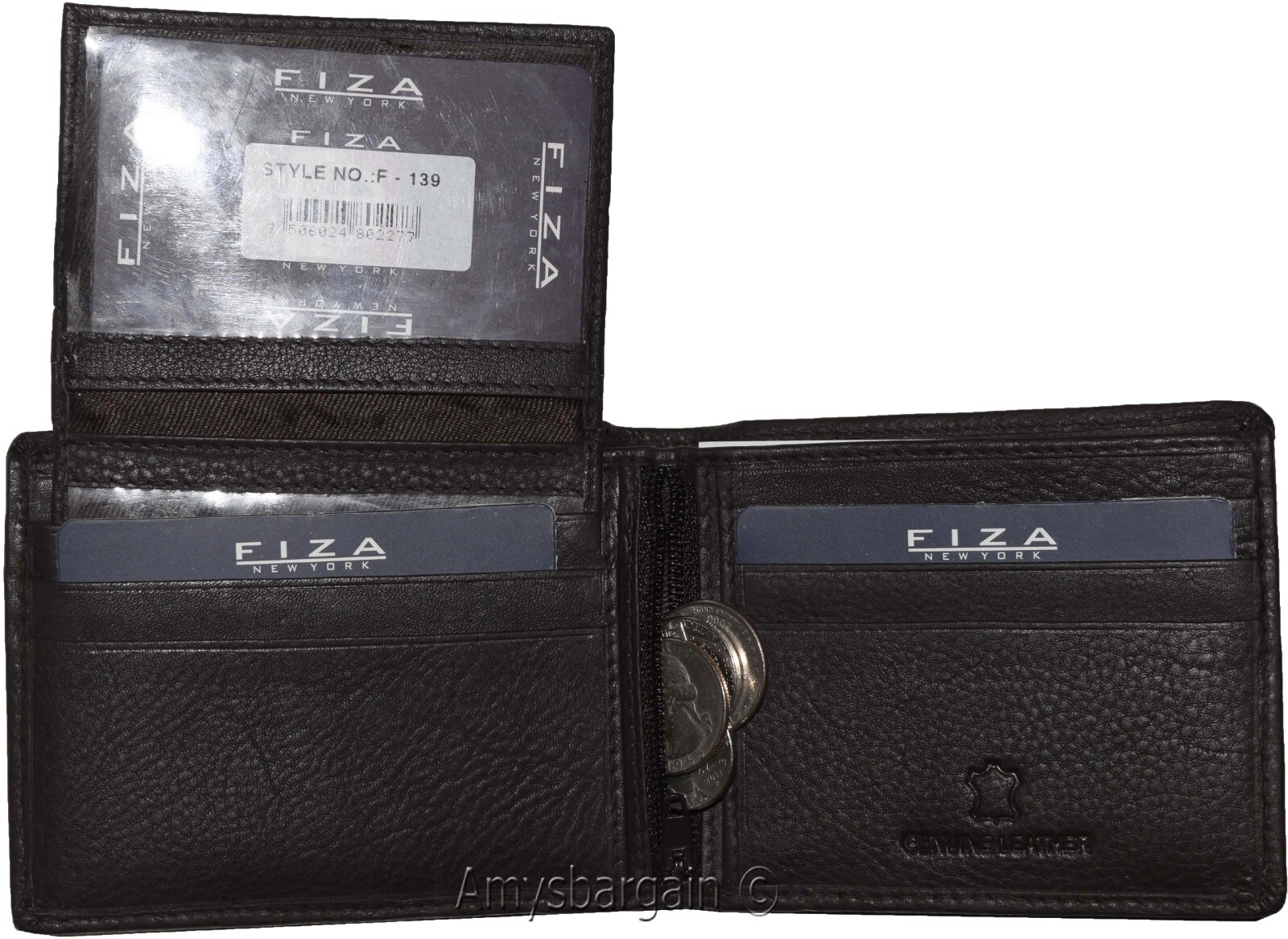 New FIZA NY Leather men's Bifold wallet Black 2 bill slots 2 ID zip coin case - Image 7