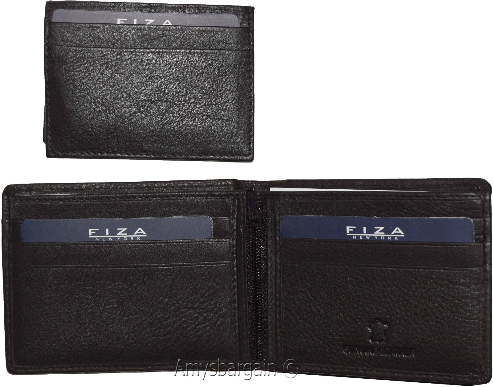 New FIZA NY Leather men's Bifold wallet Black 2 bill slots 2 ID zip coin case - Image 8