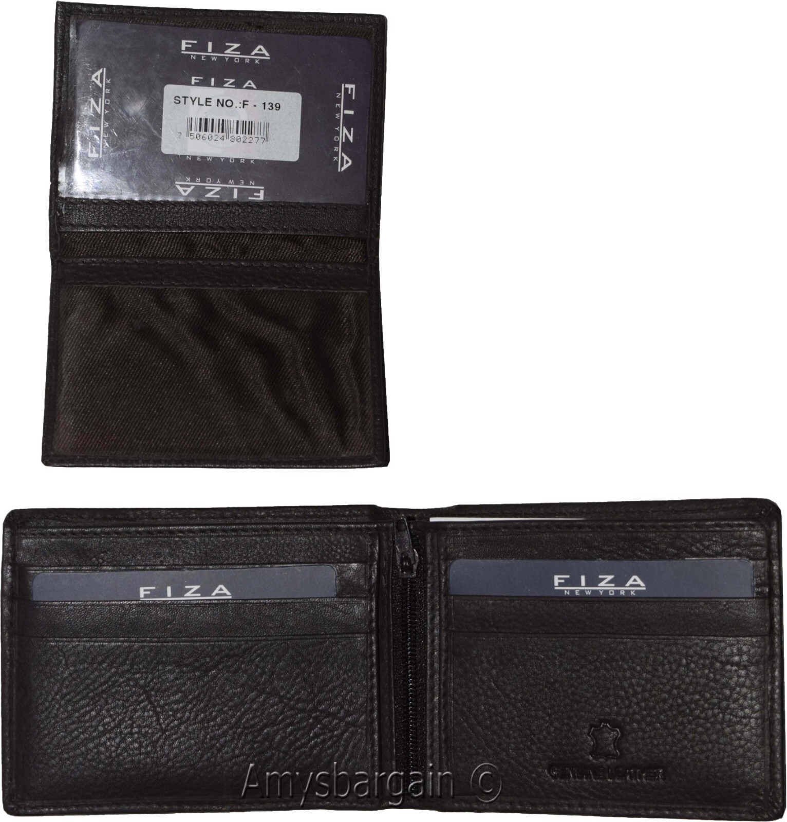 New FIZA NY Leather men's Bifold wallet Black 2 bill slots 2 ID zip coin case - Image 9