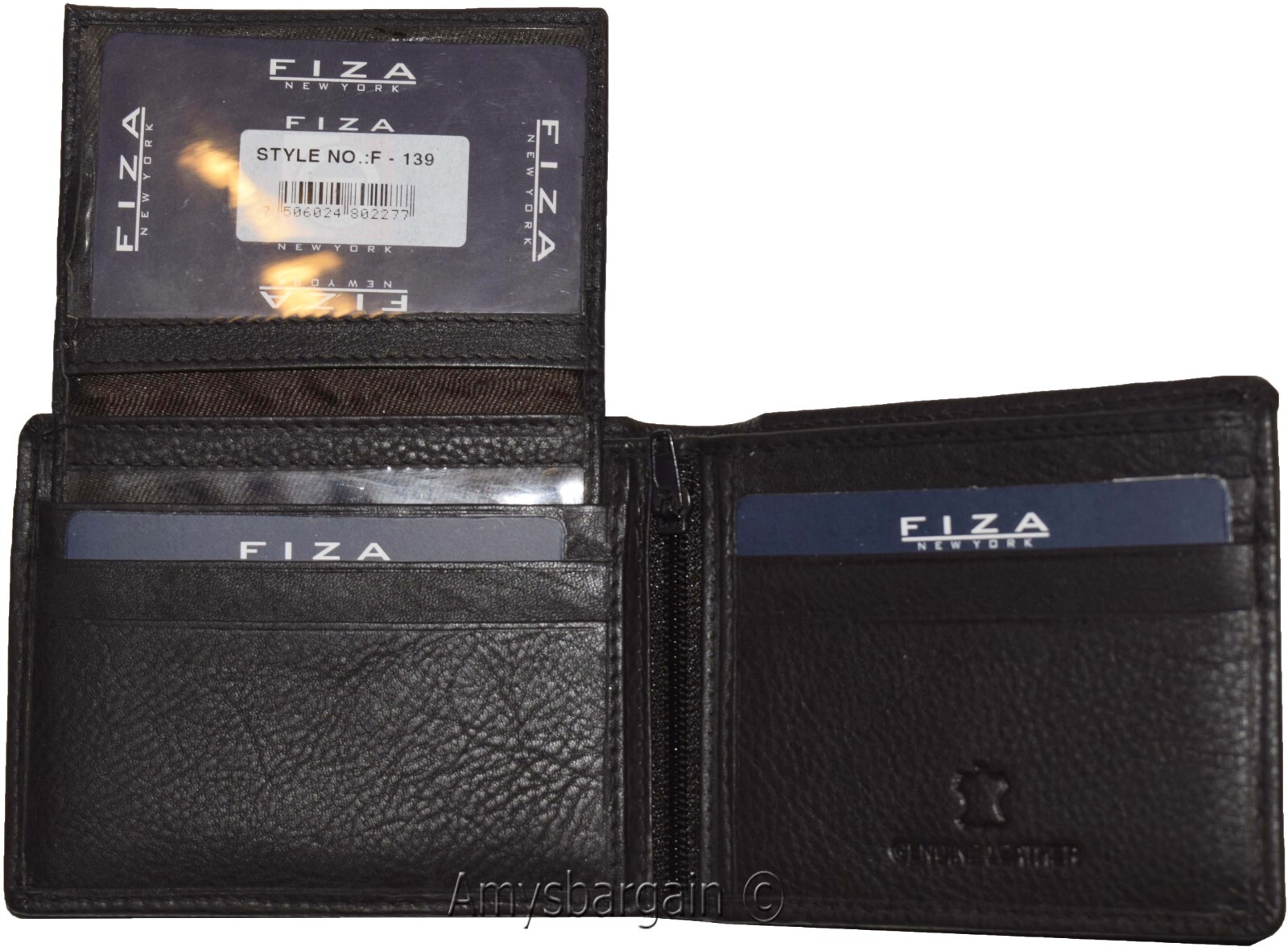 New FIZA NY Leather men's Bifold wallet Black 2 bill slots 2 ID zip coin case - Image 10