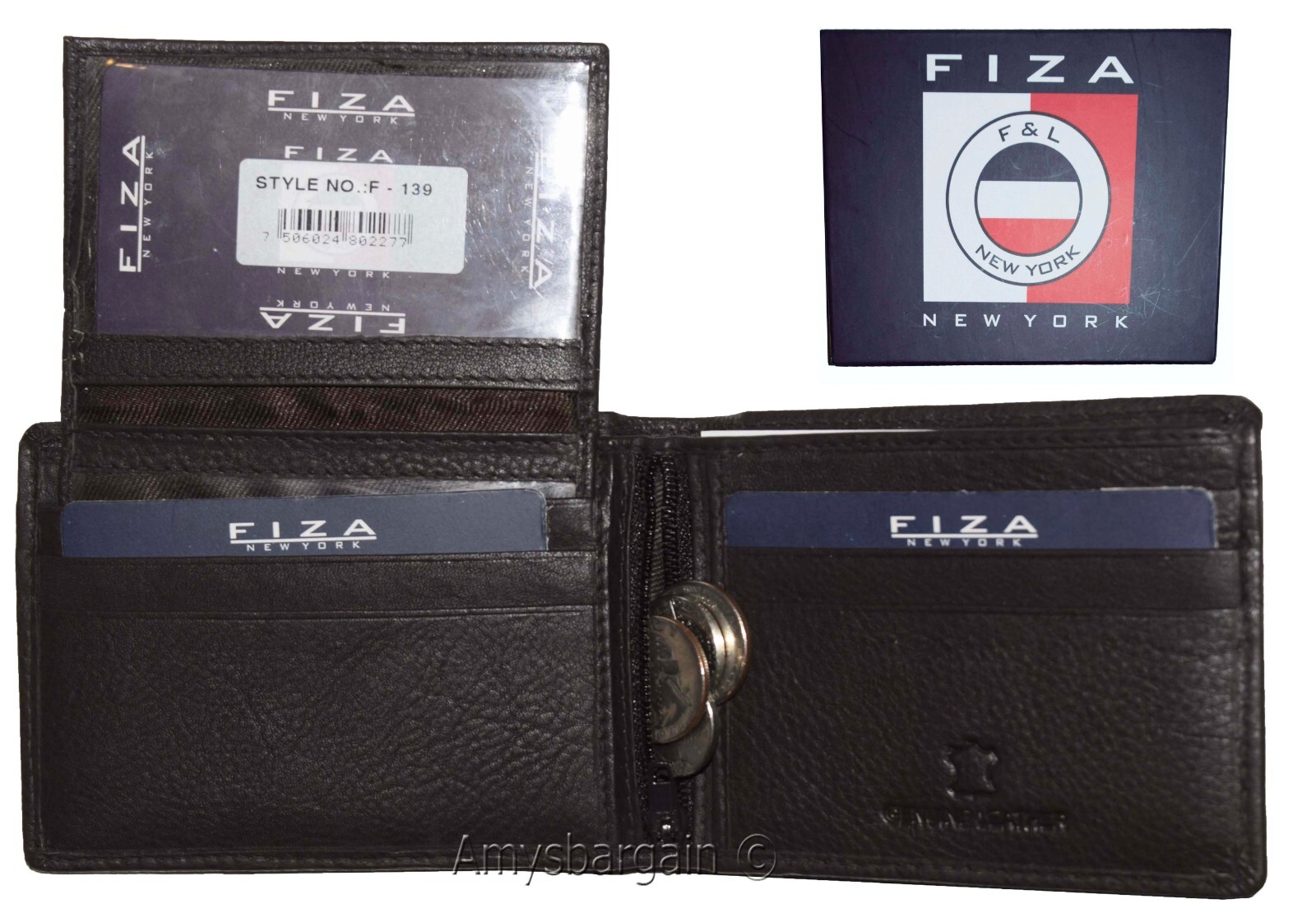 New FIZA NY Leather men's Bifold wallet Black 2 bill slots 2 ID zip coin case