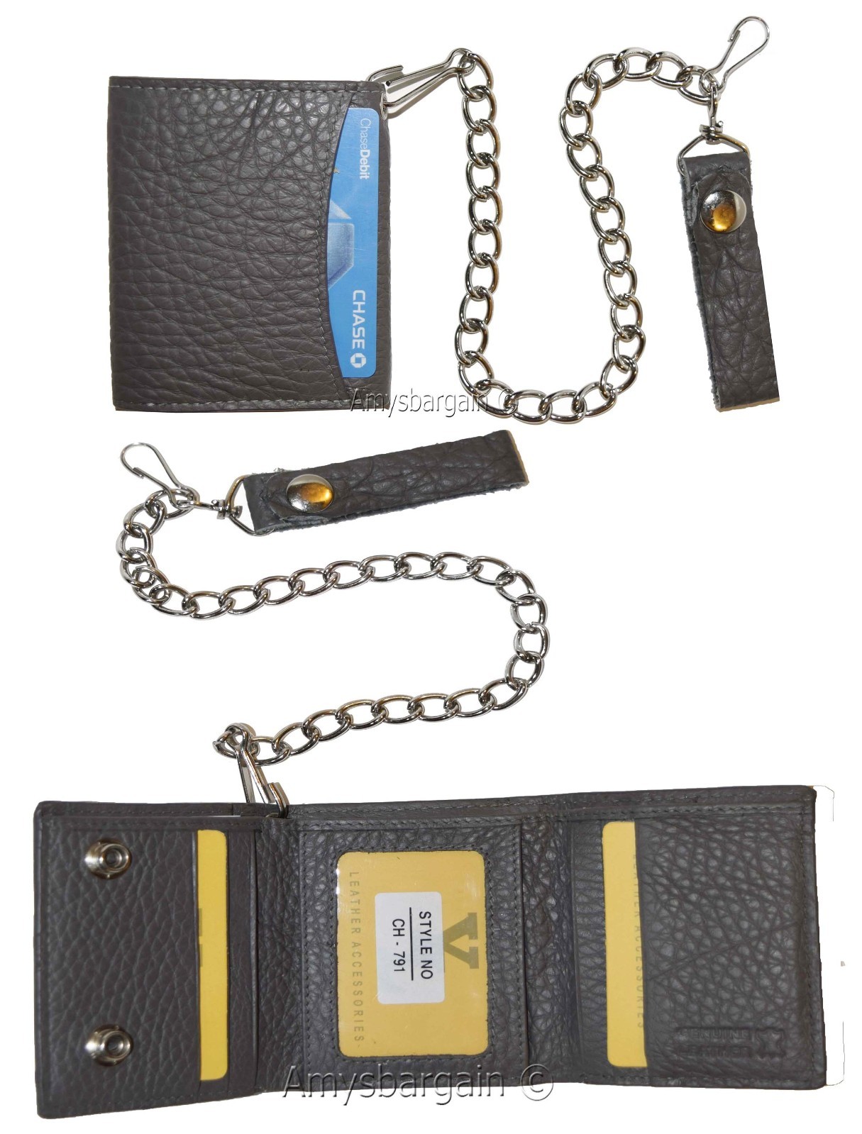 men's genuine leather trifold chain wallet motorcycle trucker biker Black wallet - Image 14