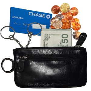 Women's Change purse leather Zip coin purse wallet 2 pocket coin case w/key ring - Image 13