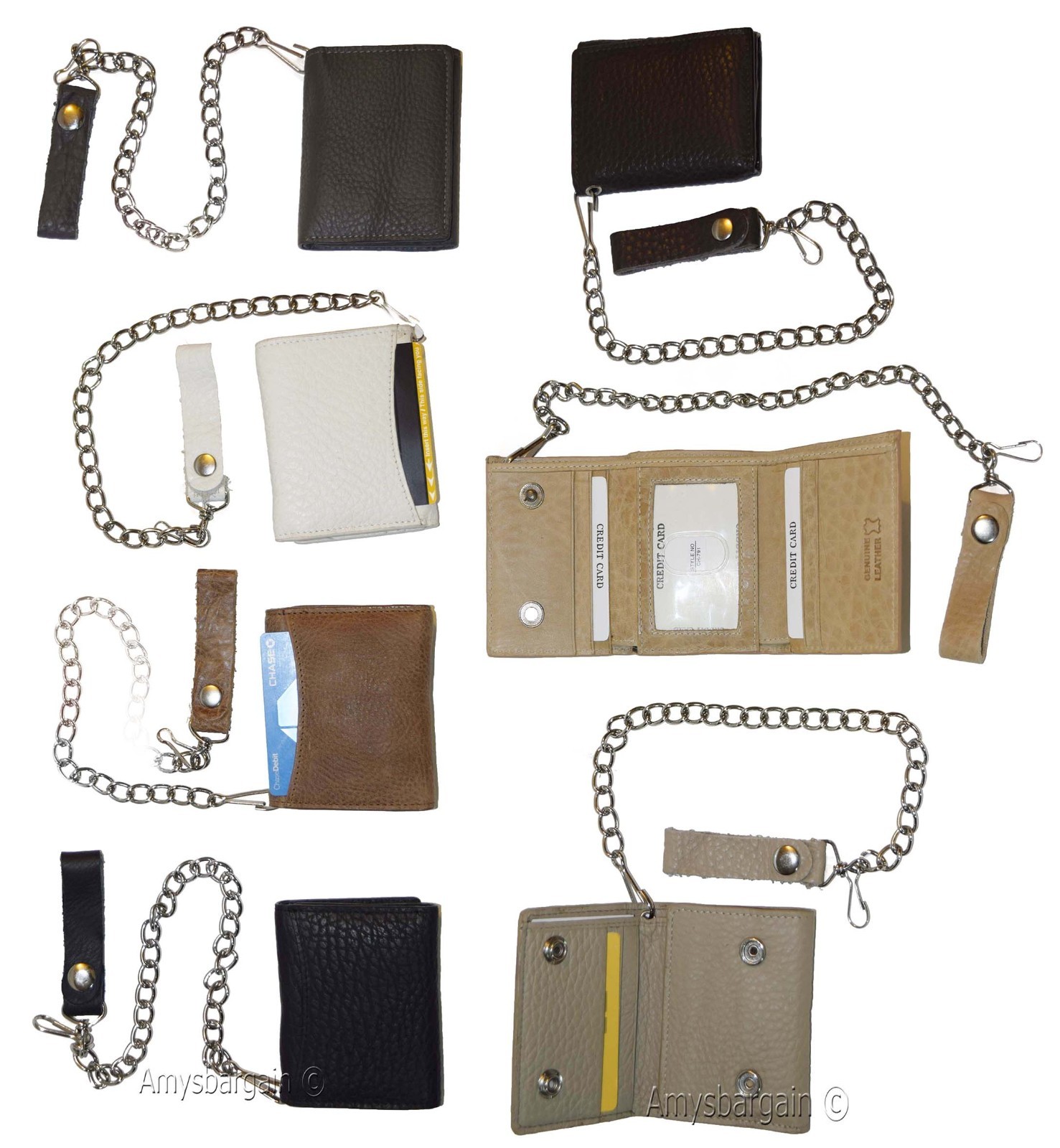 men's genuine leather trifold chain wallet motorcycle trucker biker Black wallet