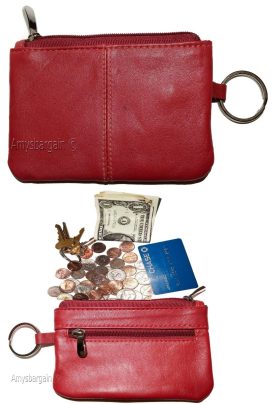 Change purse, Leather Zip coin wallet, 2 pocket coin case w/key ring Coin case.
