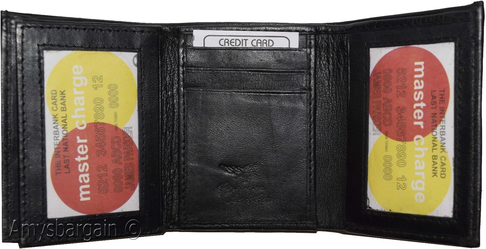 Genuine Leather trifold Men's wallet 9 credit card 2 ID Bill slots Black Wallet - Image 3
