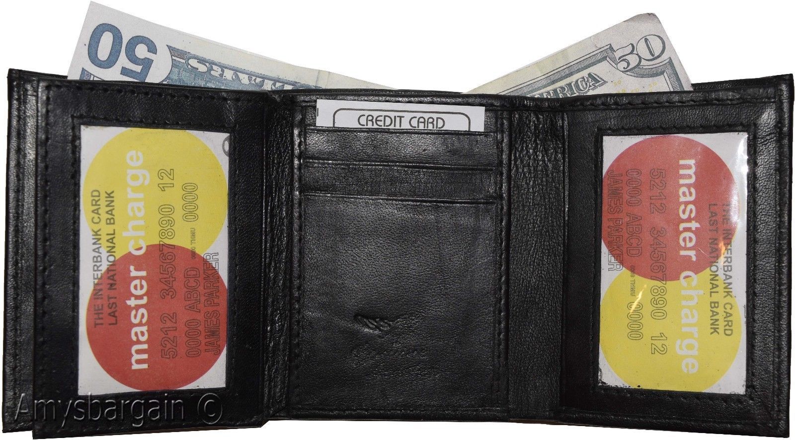 Genuine Leather trifold Men's wallet 9 credit card 2 ID Bill slots Black Wallet - Image 7