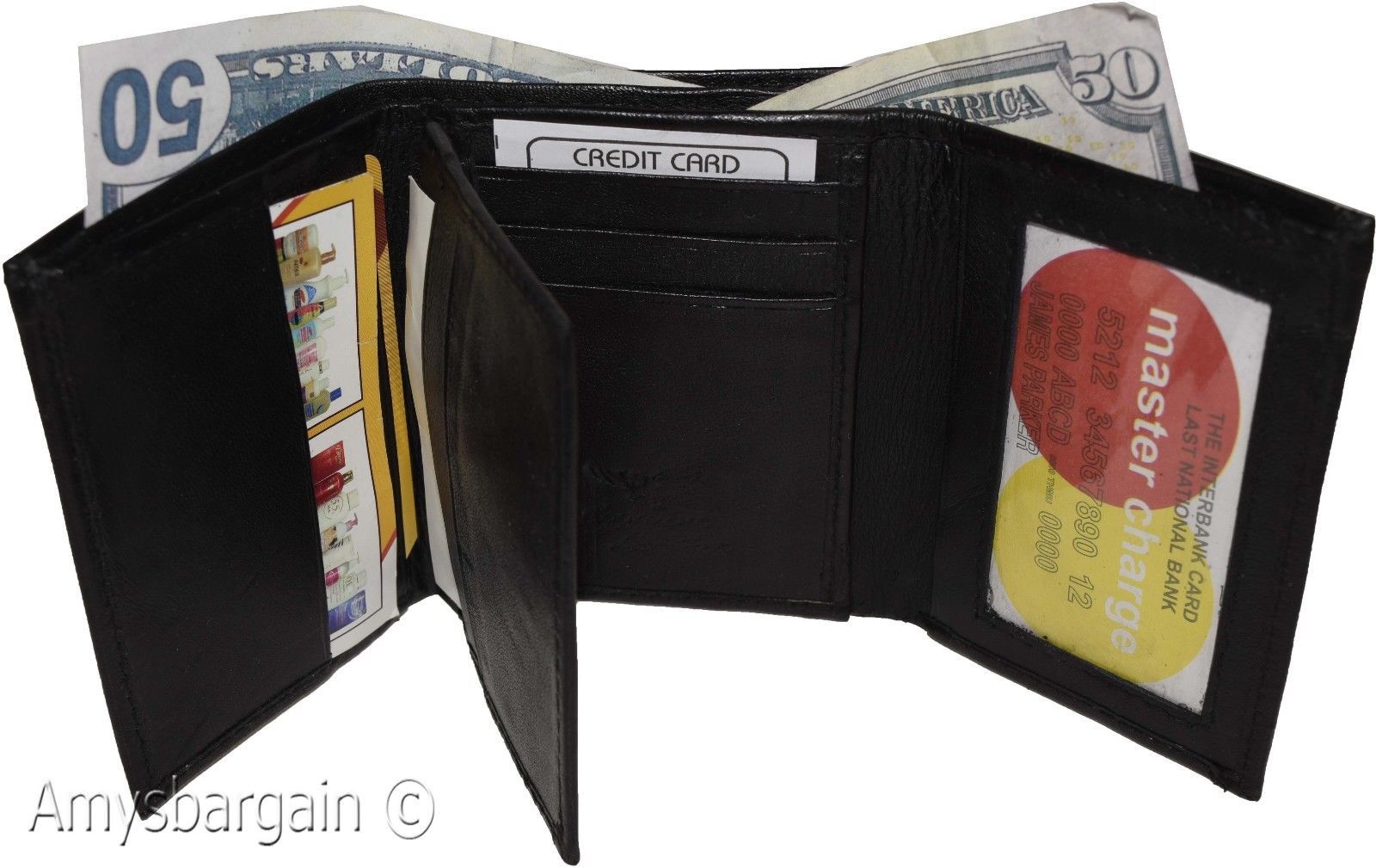 Genuine Leather trifold Men's wallet 9 credit card 2 ID Bill slots Black Wallet - Image 8