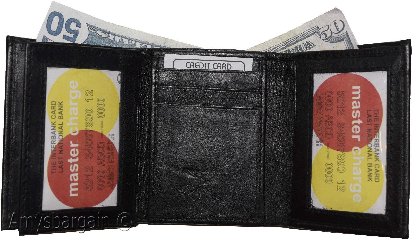 Genuine Leather trifold Men's wallet 9 credit card 2 ID Bill slots Black Wallet - Image 9