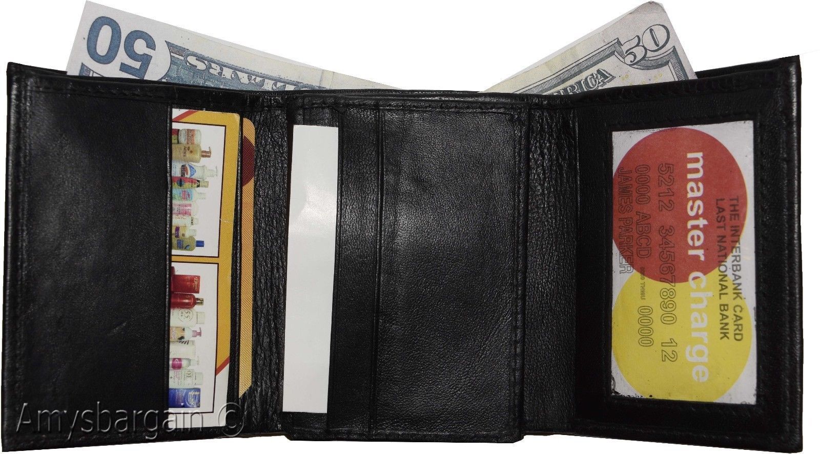 Genuine Leather trifold Men's wallet 9 credit card 2 ID Bill slots Black Wallet - Image 10