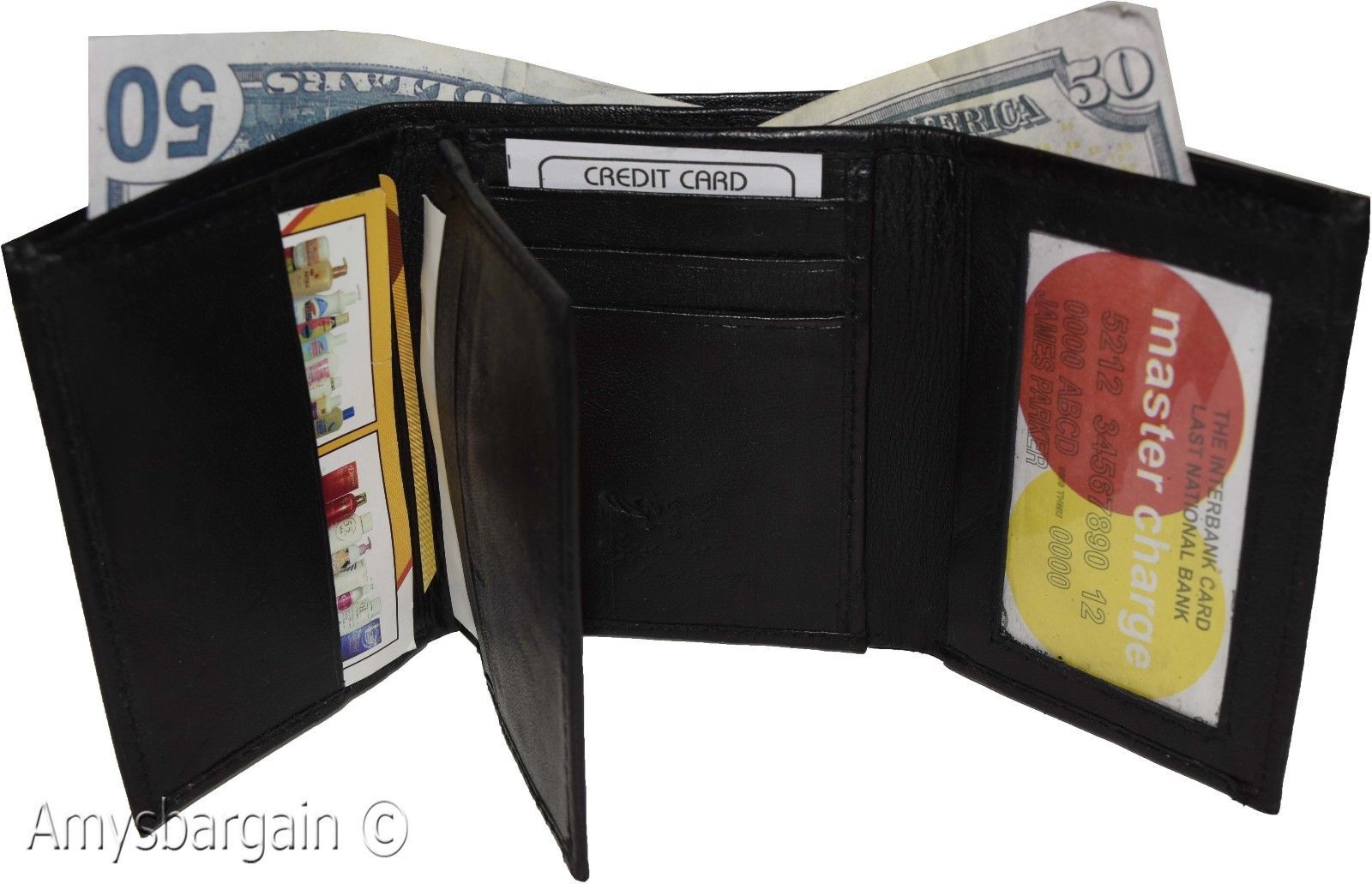 Genuine Leather trifold Men's wallet 9 credit card 2 ID Bill slots Black Wallet