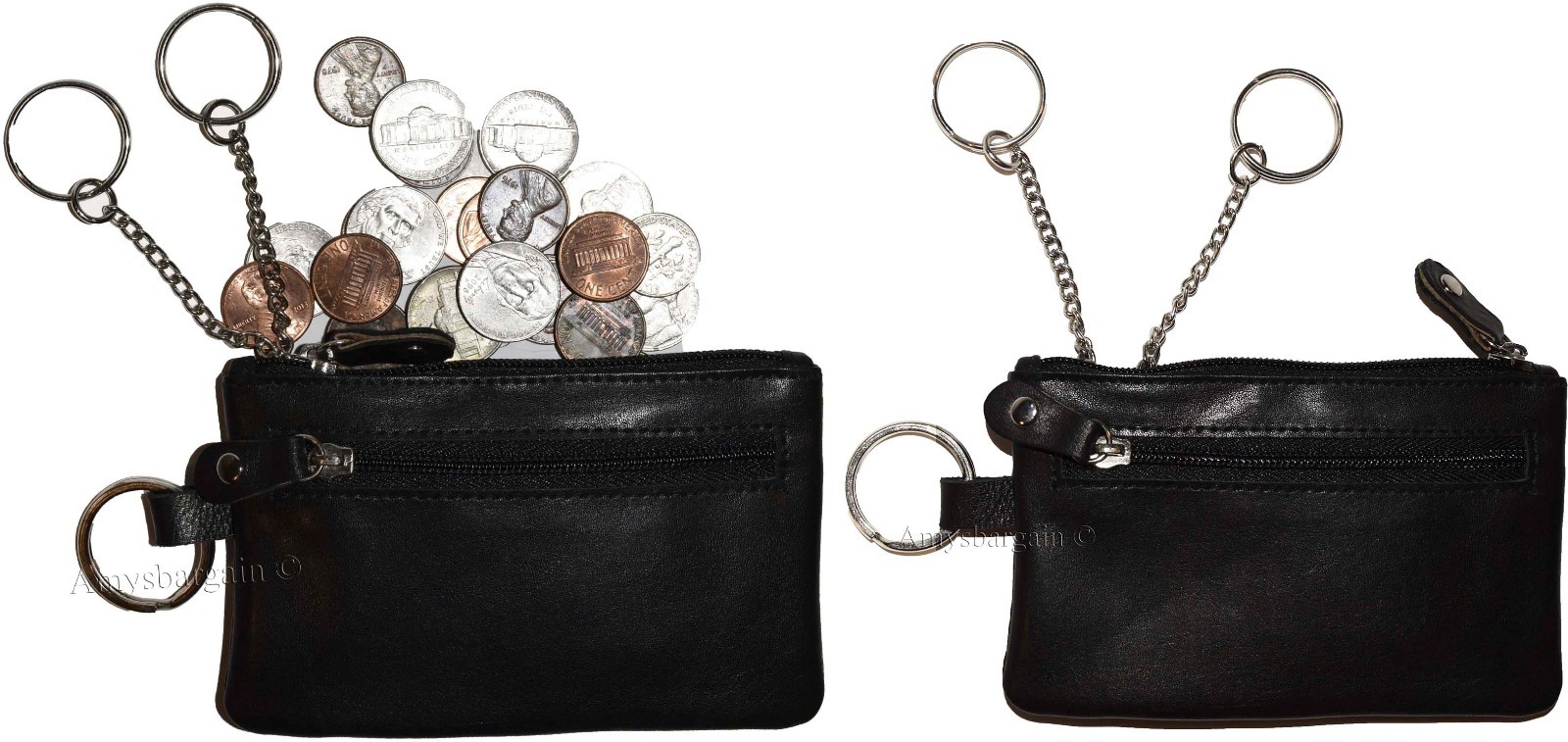Lot of 2 Leather change purse, Zip coin wallet, 2 pocket coin case w/ key rings