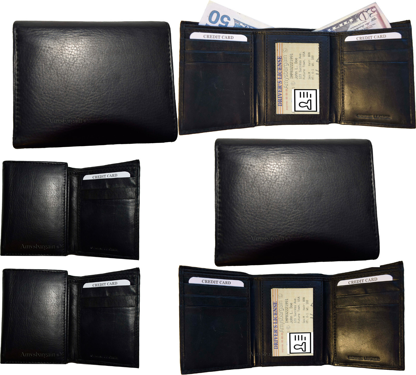 Lot of 3 New Men's Black leather trifold wallet 6 credit cards 2 bill slots new - Image 3