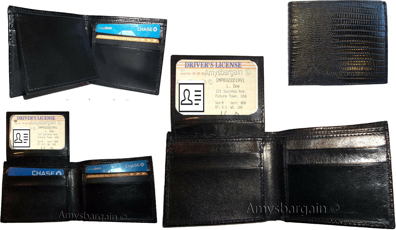 Lot of 4 New Lizard Skin Printed Leather Man's Black billfold wallet 6 cards ID