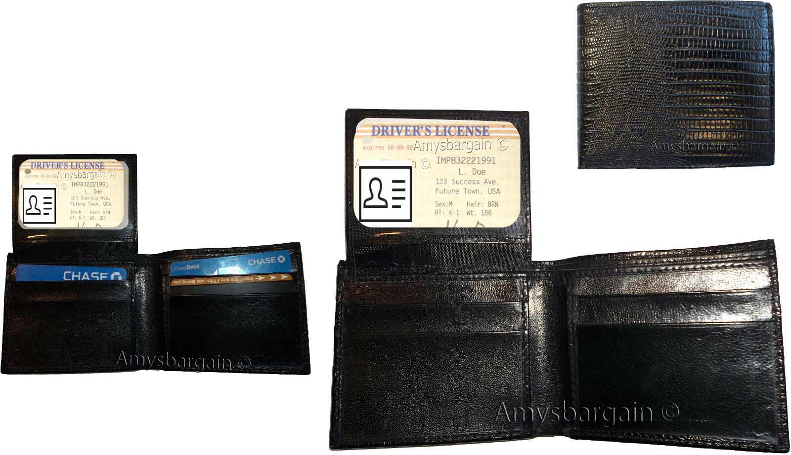 Lot of 4 New Lizard Skin Printed Leather Man's Black billfold wallet 6 cards ID - Image 3