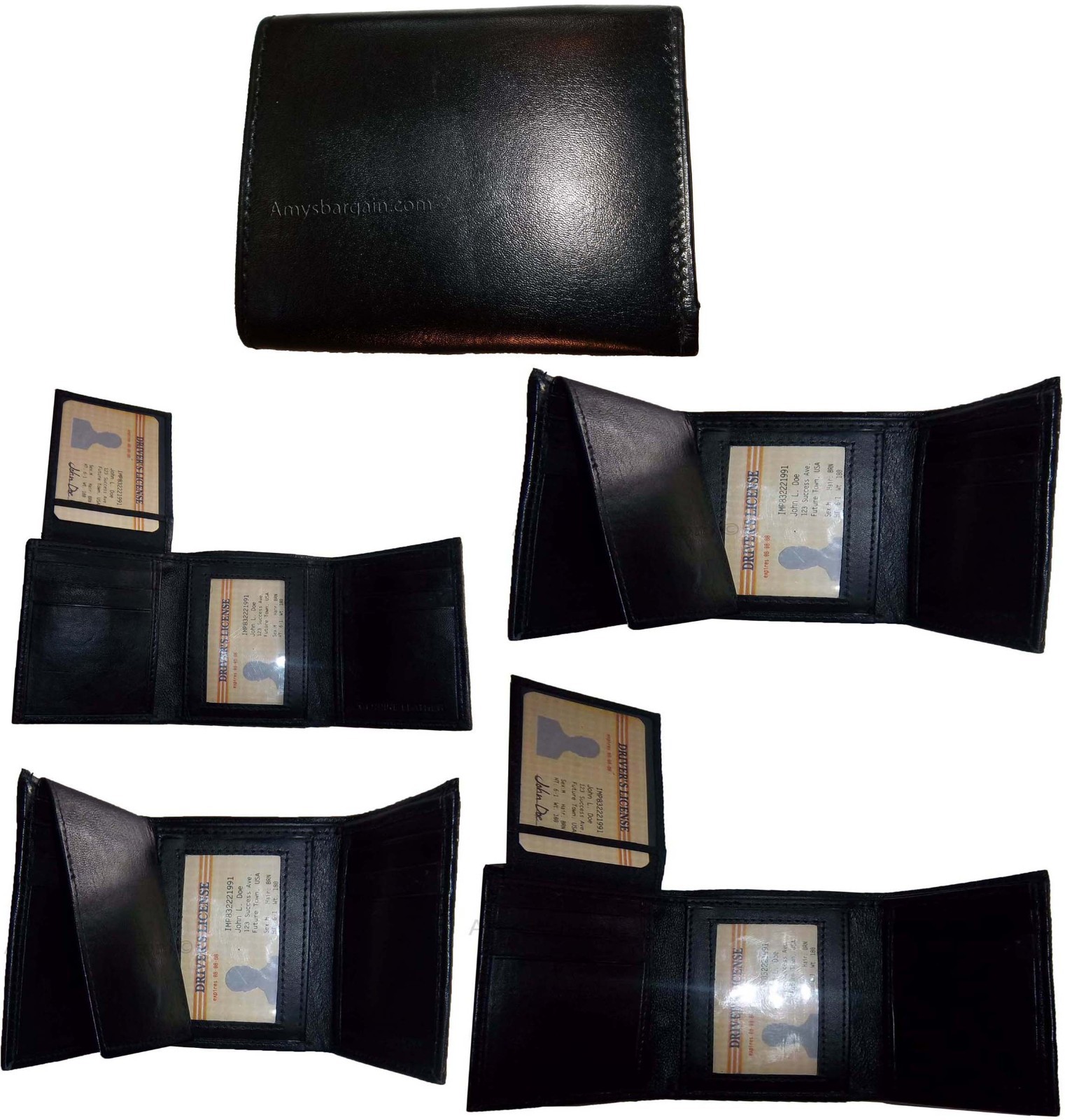 Lot of 5 New Trifold Leather Man’s wallet 2 ID 2 bill slots Black 6 card wallet