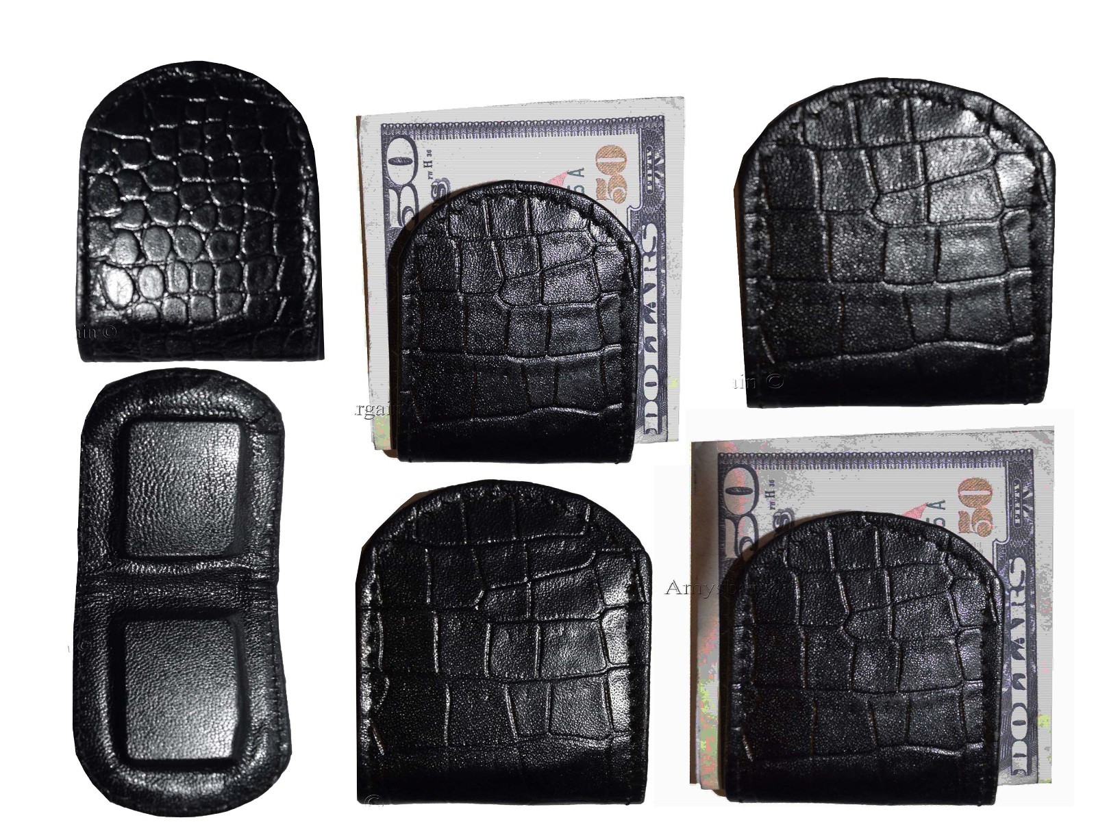 Lot of 6 Black Crocodile printed leather Unbranded money clip Clip Money, BR New