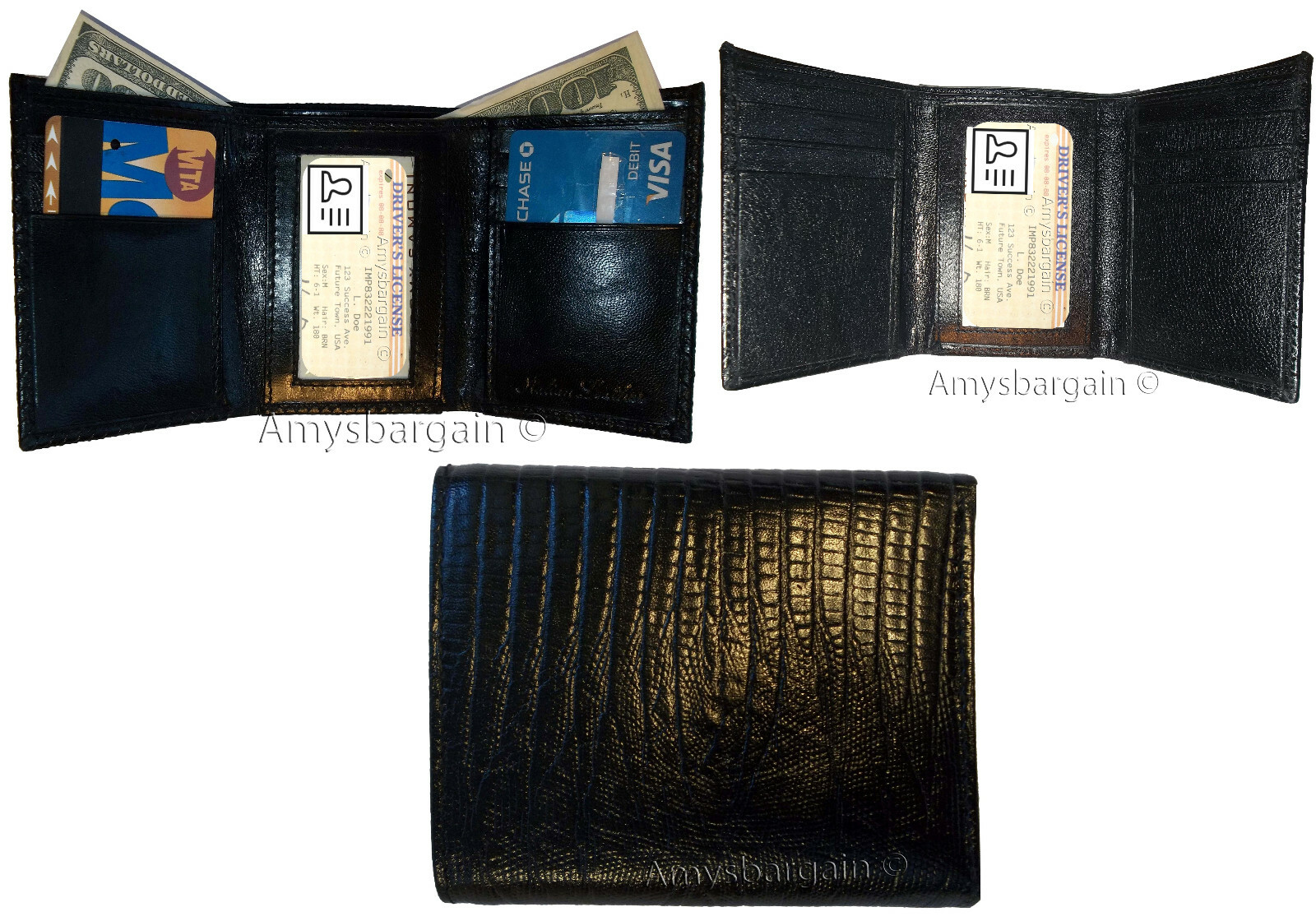Lot of 6 Italian Style Crocodile Printed Leather Man's Black Trifold wallet BNWT - Image 12