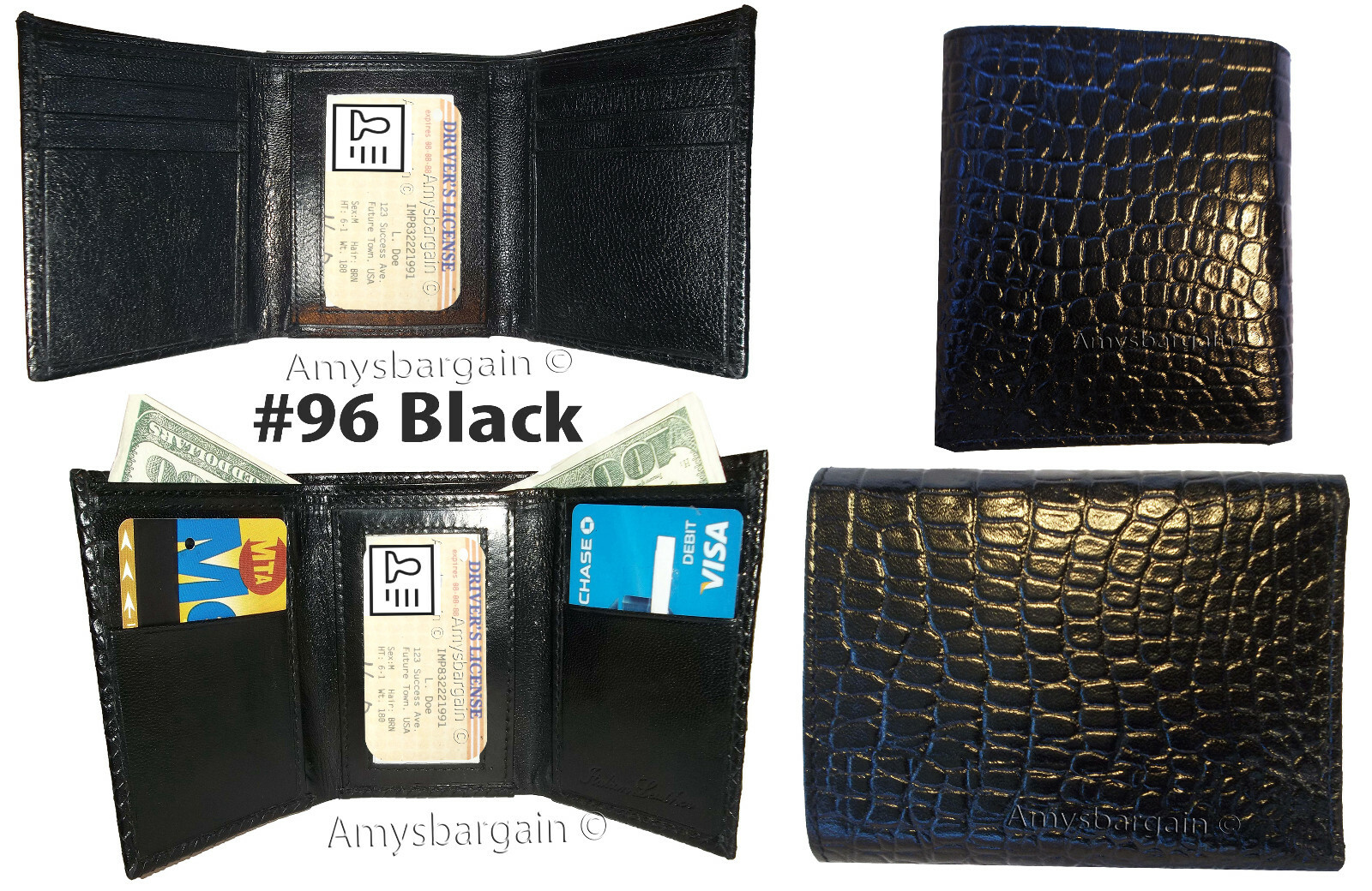 Lot of 6 Italian Style Crocodile Printed Leather Man's Black Trifold wallet BNWT - Image 4