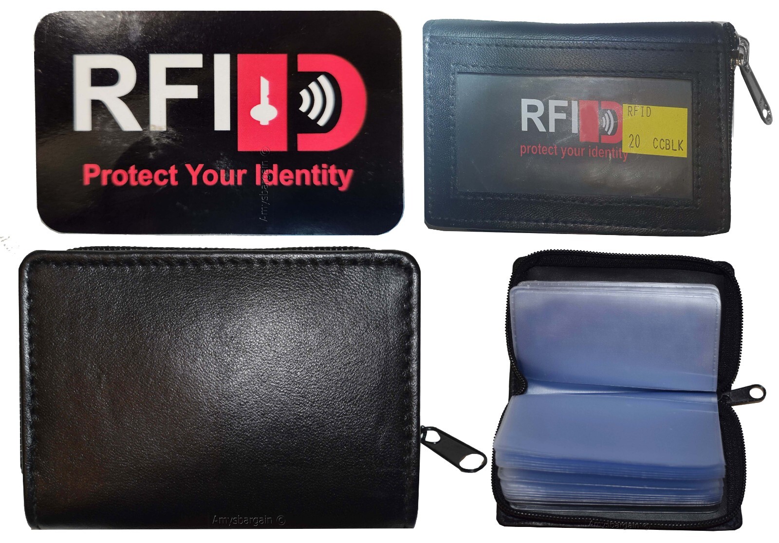 RFID Zip Around Leather Business Card ID Credit card picture case 30 card slots