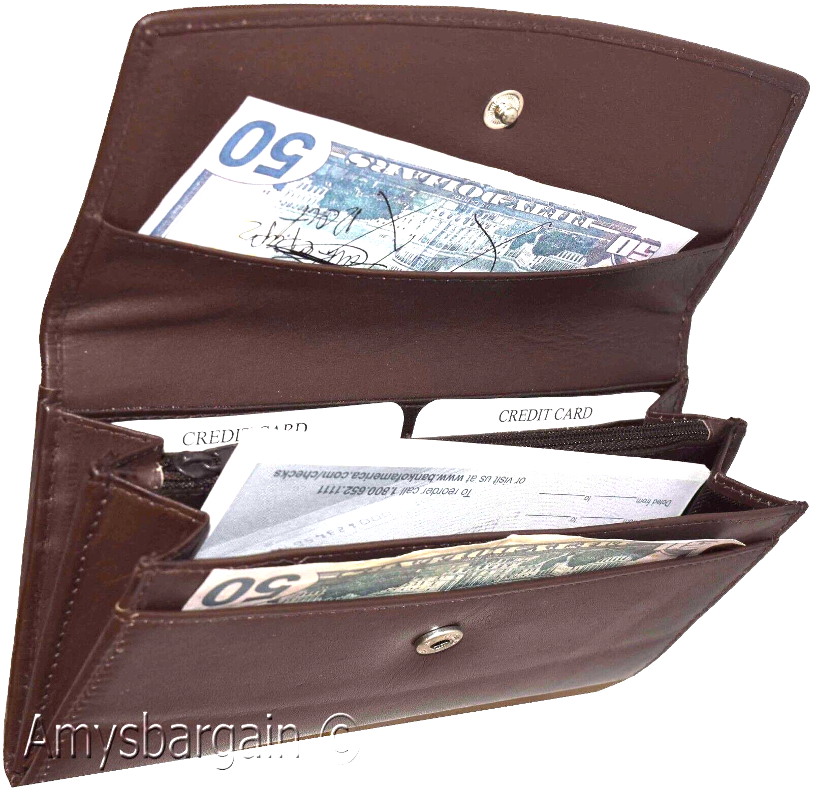 leather checkbook wallet compact wallet cards change bills brown wallets bn - Image 10
