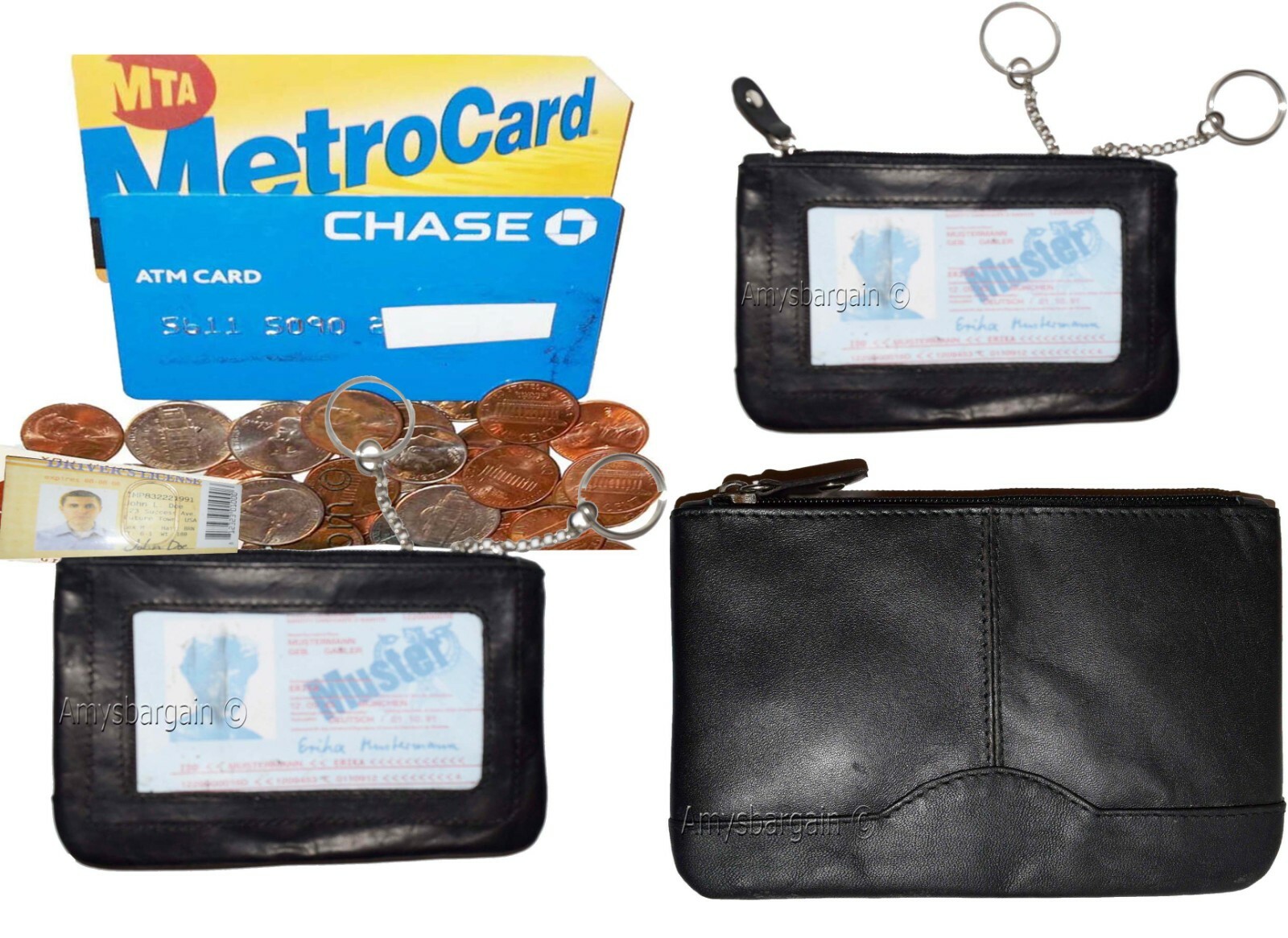 lot of 3 leather change purse mini pocket wallet business card case key ring #33