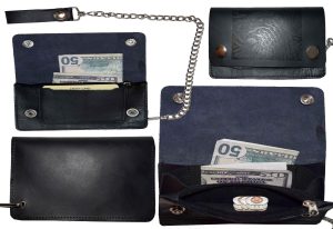 men's genuine leather bi-fold chain wallet motorcycle trucker biker black wallet
