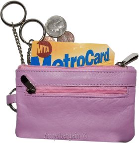 Leather change purse, Coin purse. Zip coin wallet, 2 pocket coin case w/key ring
