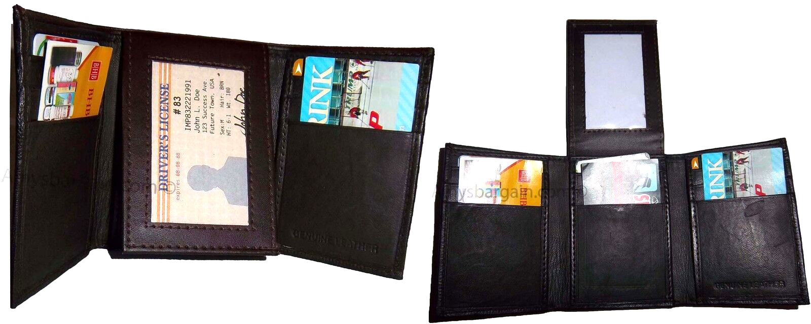 Lot of 2 New Trifold Leather Men’s wallet Brown 1 ID 9 card 2 bill slots br new