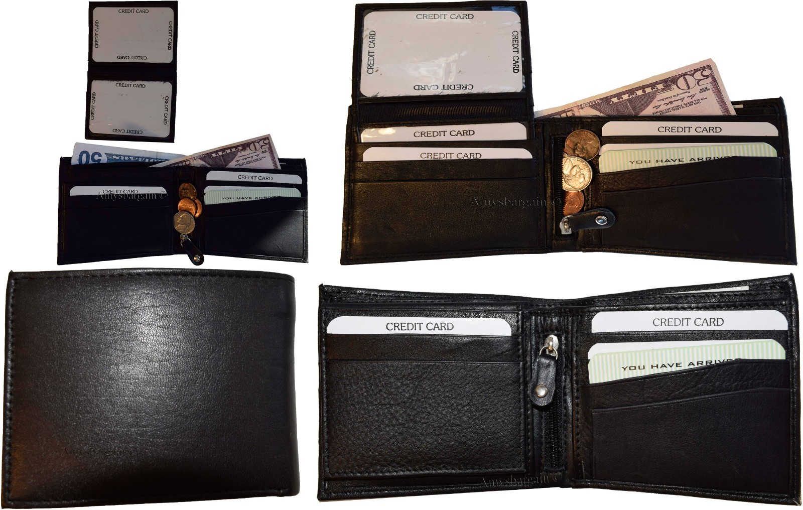Lot of 4 Men's Bifold Leather wallet Genuine leather 3 bill slots Zip case New