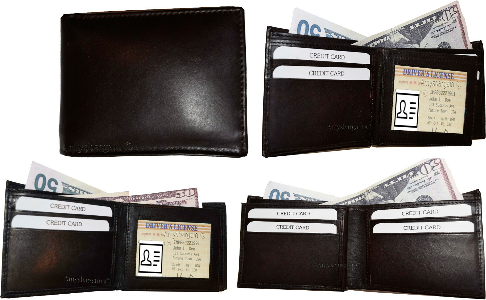 Lot of 4 New Men's High-end leather billfold wallet, Brown 6 credit card bifold - Image 6
