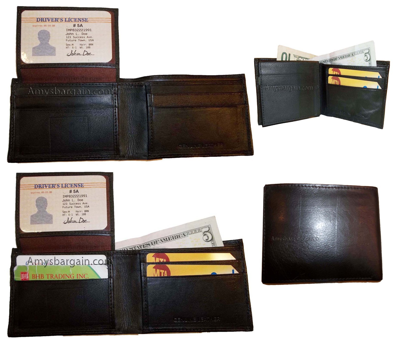 Lot of 4 New man's skinny leather Bi-fold wallet 6 bank card holder 2 bill slots