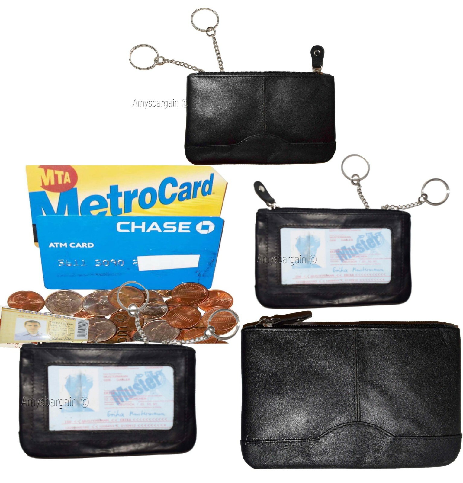Lot of 4Leather Change Purse Mini pocket Wallet business card case key Ring #33
