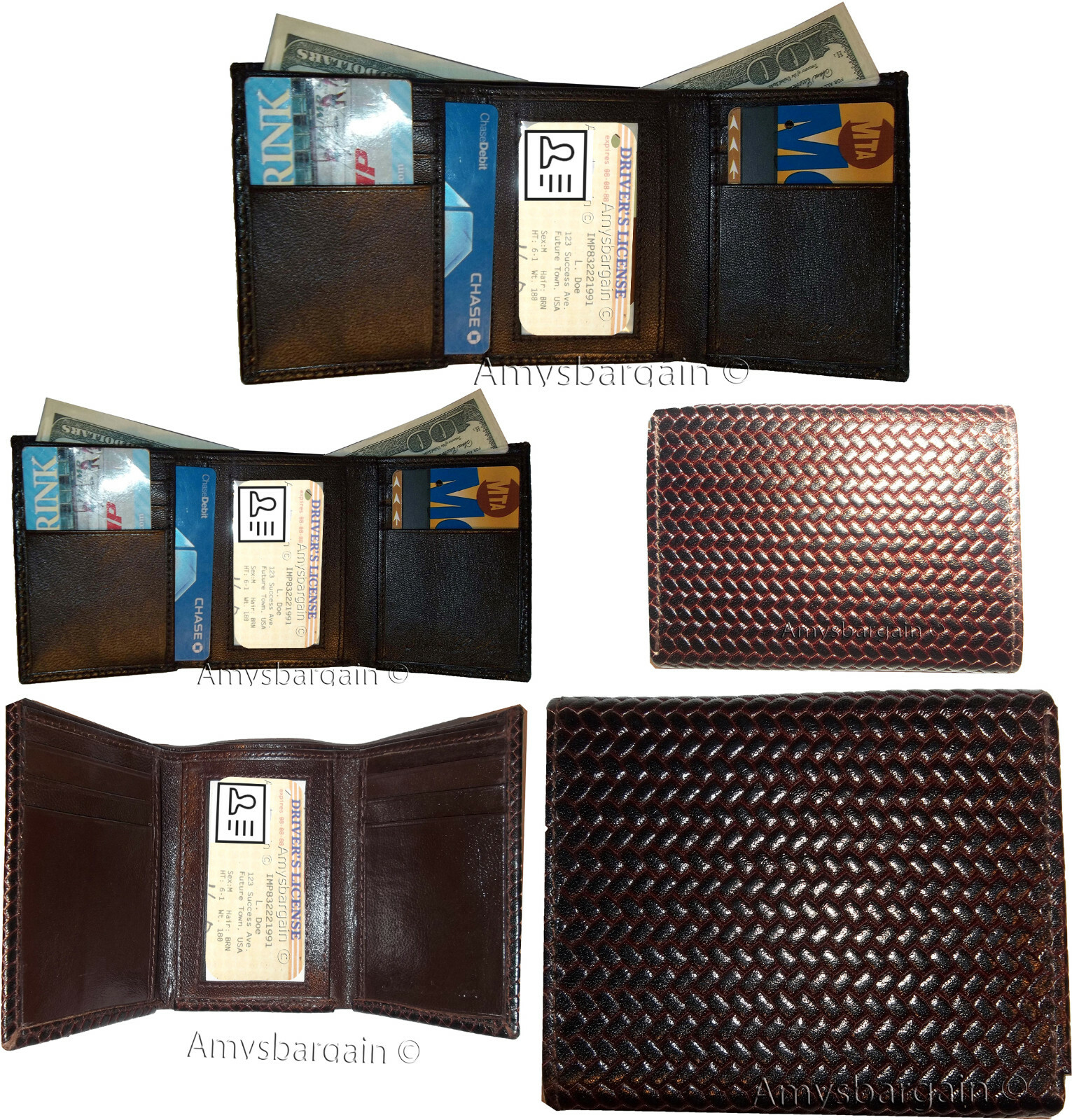 Lot of 5 men’s wallet Woven Printed genuine Leather Man's Brown Trifold wallet