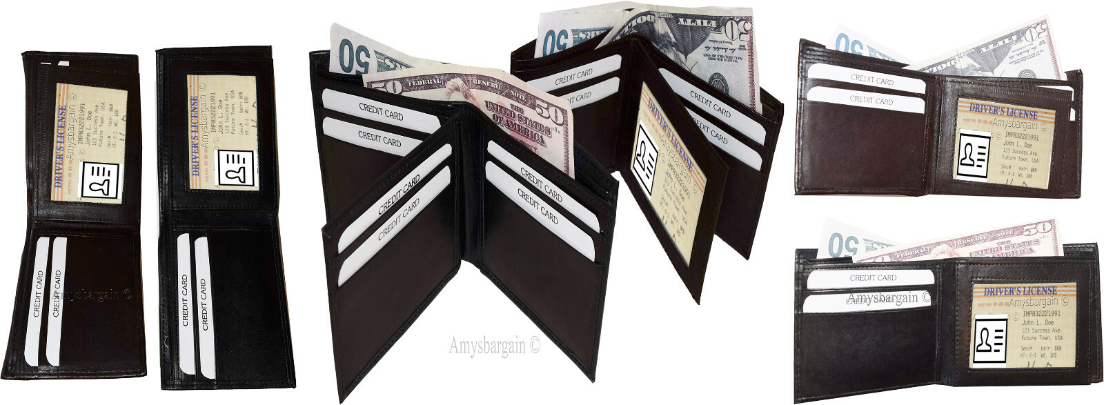 Lot of 6 men's bifold leather wallet 3 bill slots id case change case brand new