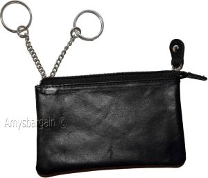 Women's black leather change purse ID window key ring wrist-let new coin case - Image 12