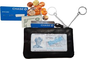 Women's black leather change purse ID window key ring wrist-let new coin case - Image 3