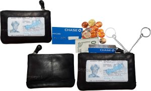 Women's black leather change purse ID window key ring wrist-let new coin case