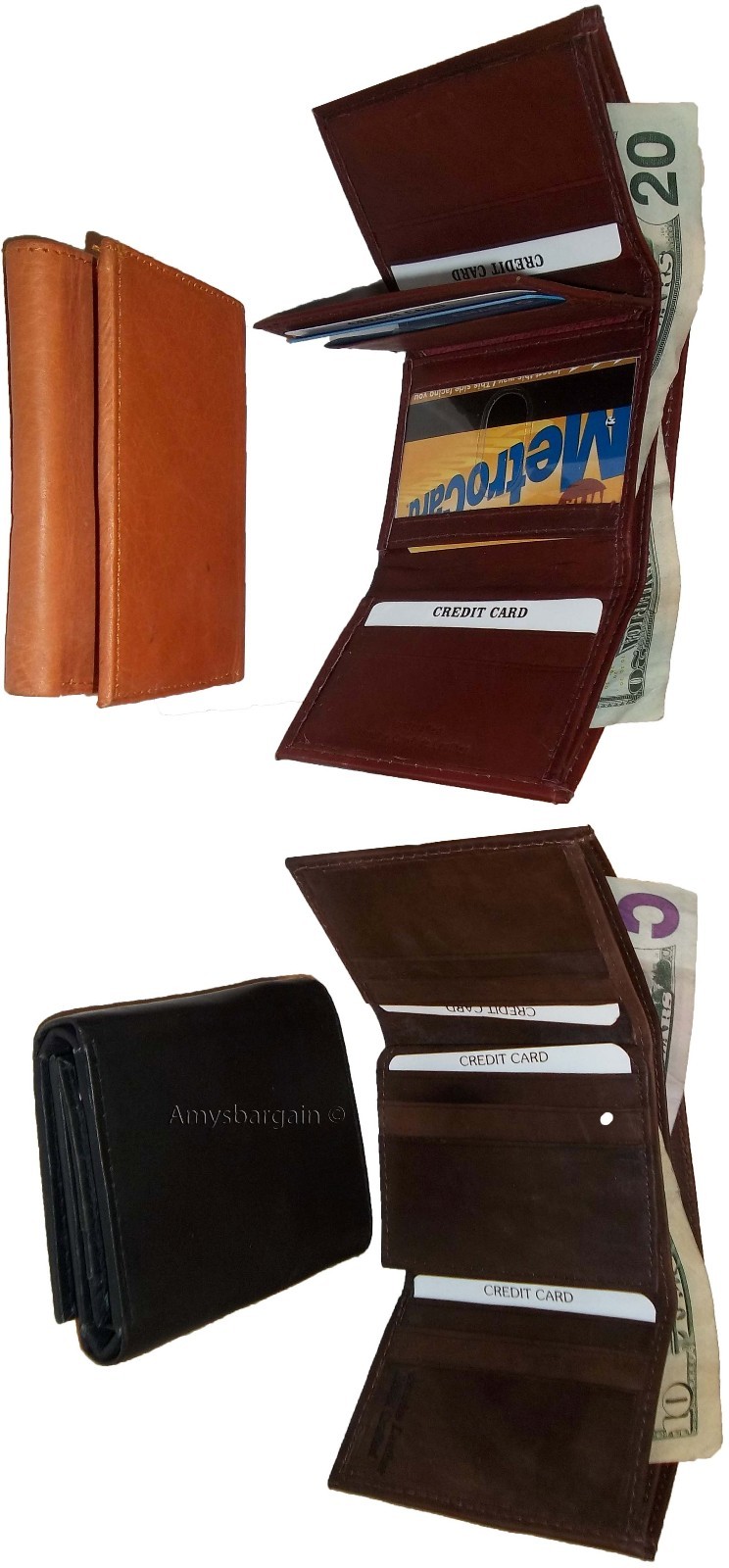 man's wallet leather trifold 12 credit card 2 bill slots black brown tan cognac - Image 9
