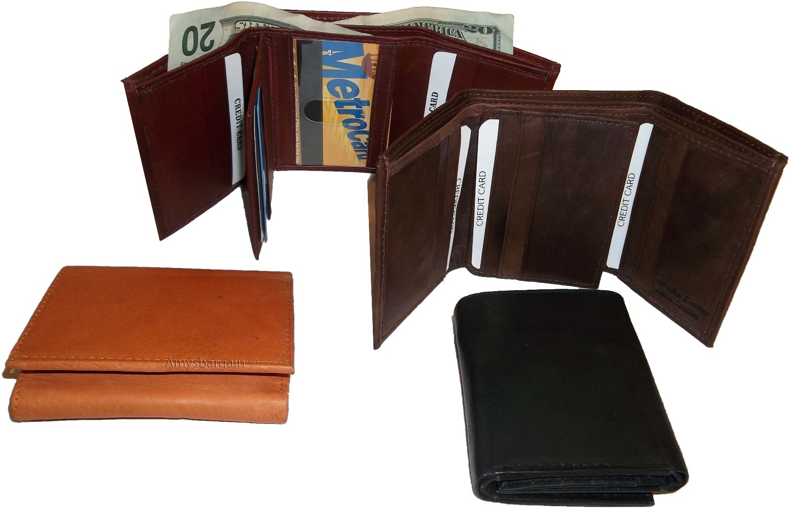 man's wallet leather trifold 12 credit card 2 bill slots black brown tan cognac