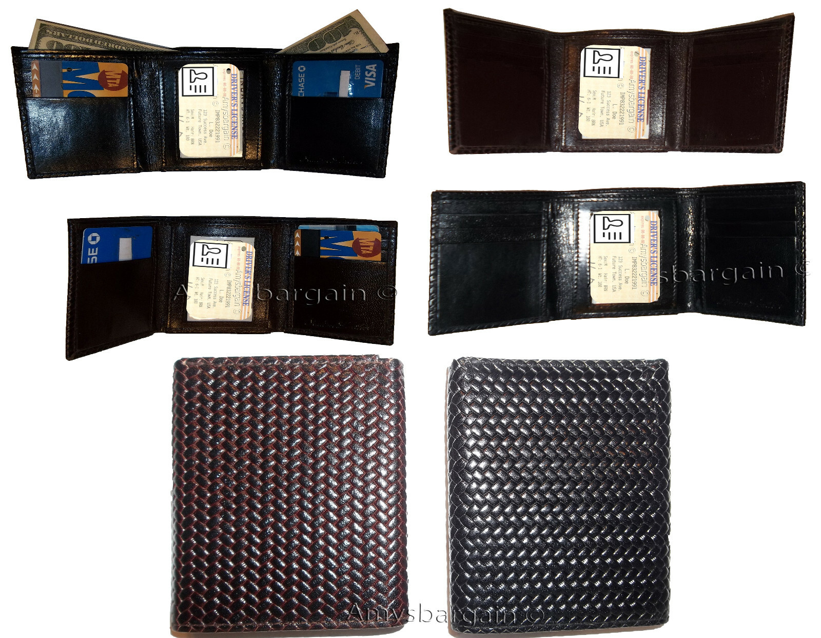 2 new style Woven Printed Leather Man's Trifold wallet 2 bill slots 9 card ID